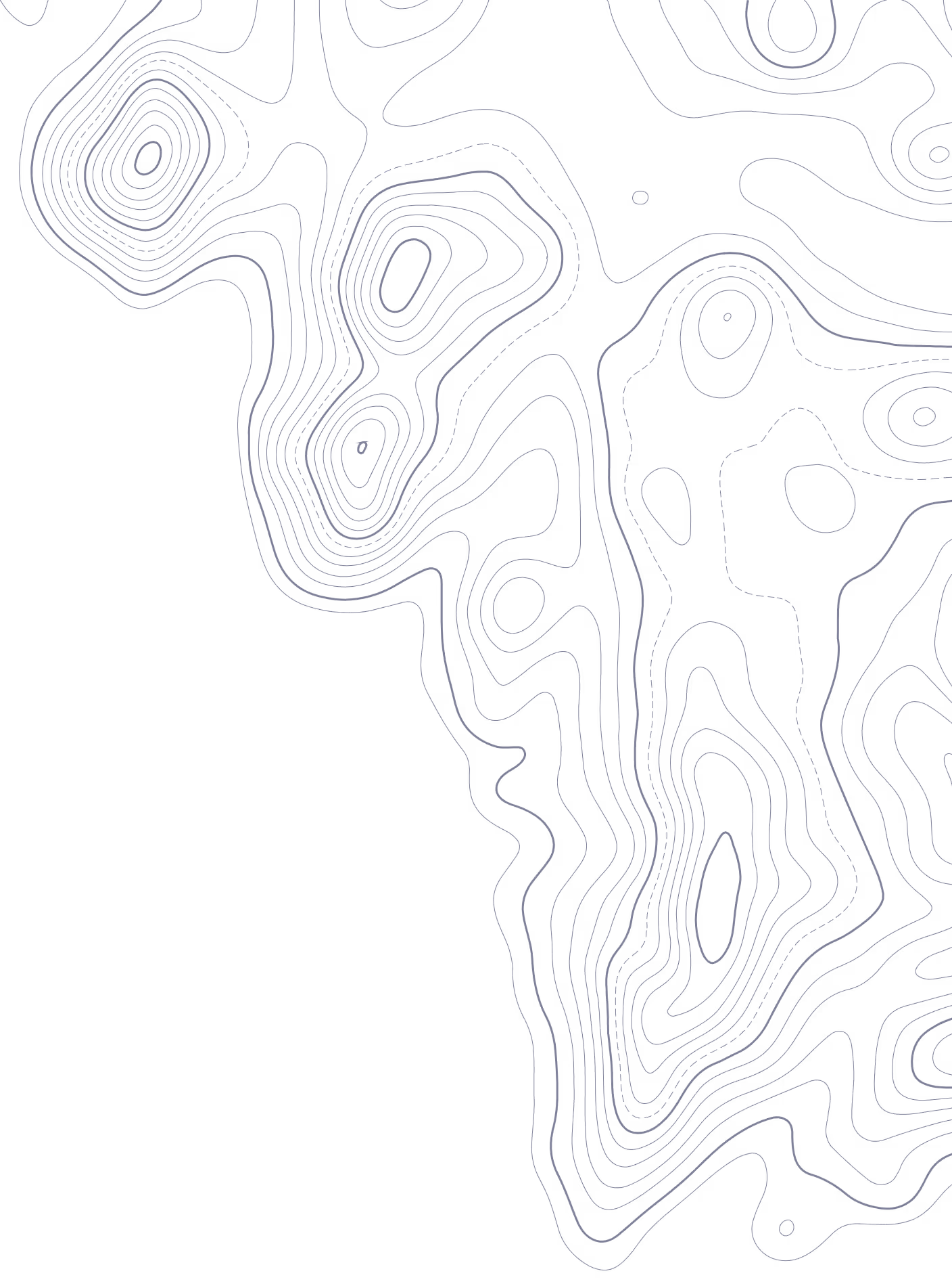Abstract dark blue topographic contour lines on a transparent background forming irregular shapes.