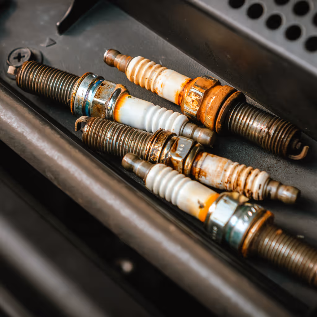 A clear comparison of worn-out spark plugs next to brand-new replacements, showcasing the quality parts used by Maxamy Mobile Autocare.