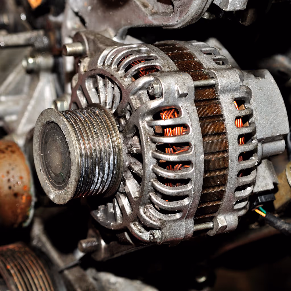 A close-up view of a used car alternator, showing signs of wear. Maxamy Mobile Autocare provides expert diagnosis and replacement for faulty alternators.