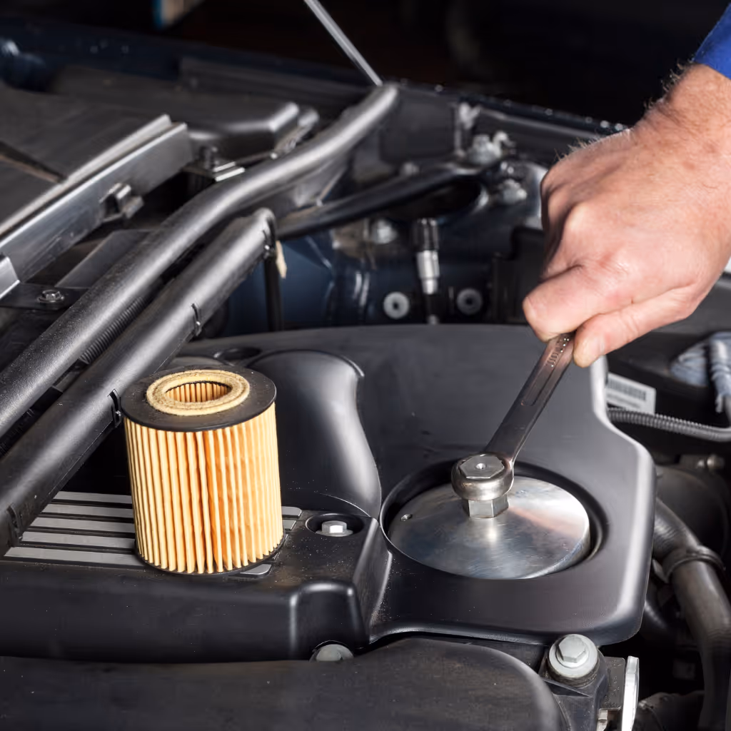 A Maxamy Mobile Autocare mechanic uses a wrench to remove the housing cap for a cartridge-style oil filter, with a new filter element sitting nearby.