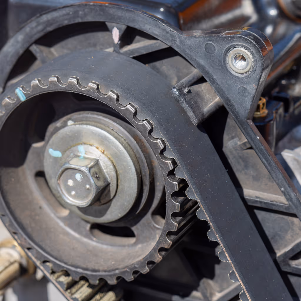 A close-up view of a timing belt correctly installed on a camshaft pulley, a critical engine component serviced by Maxamy Mobile Autocare.