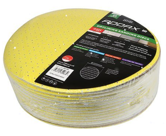 Flex sanding discs are designed for power sanders with a diameter of 225mm. These come in different grit levels and materials and are necessary for achieving a smooth finish on many different surfaces, especially working on drywall.
