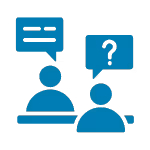 Two blue human icons with speech bubbles, one with horizontal lines and the other with a question mark.