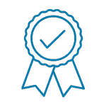 Blue line drawing of a medal with a checkmark in the center and two ribbons hanging below.