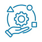Hand holding a gear icon surrounded by a circular arrow with triangle, circle, and square shapes, representing process or workflow.