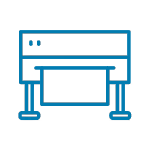 Blue line icon of a large format printer printing a sheet of paper.