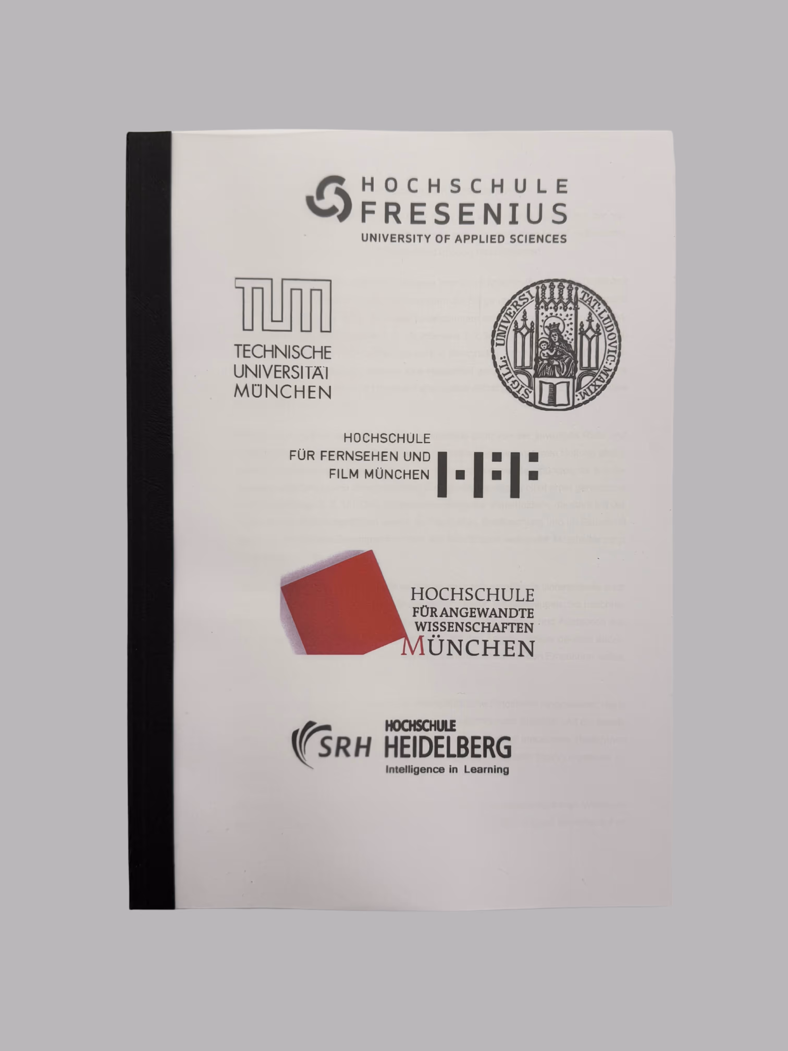 Cover page displaying logos and names of German universities including Hochschule Fresenius, Technische Universität München, Hochschule für Fernsehen und Film München, Hochschule für angewandte Wissenschaften München, and SRH Hochschule Heidelberg.