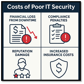 Infographic illustrating the hidden costs of poor IT security: financial loss from downtime, compliance penalties, reputation damage, and increased insurance costs, each represented by clear icons on a dark blue and white background., Picture