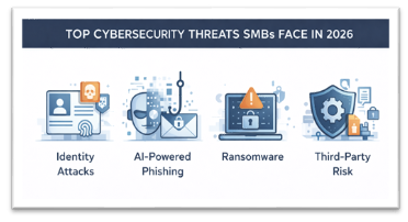 Infographic highlighting the top cybersecurity threats impacting SMBs in 2026, including identity attacks, AI phishing, and ransomware.