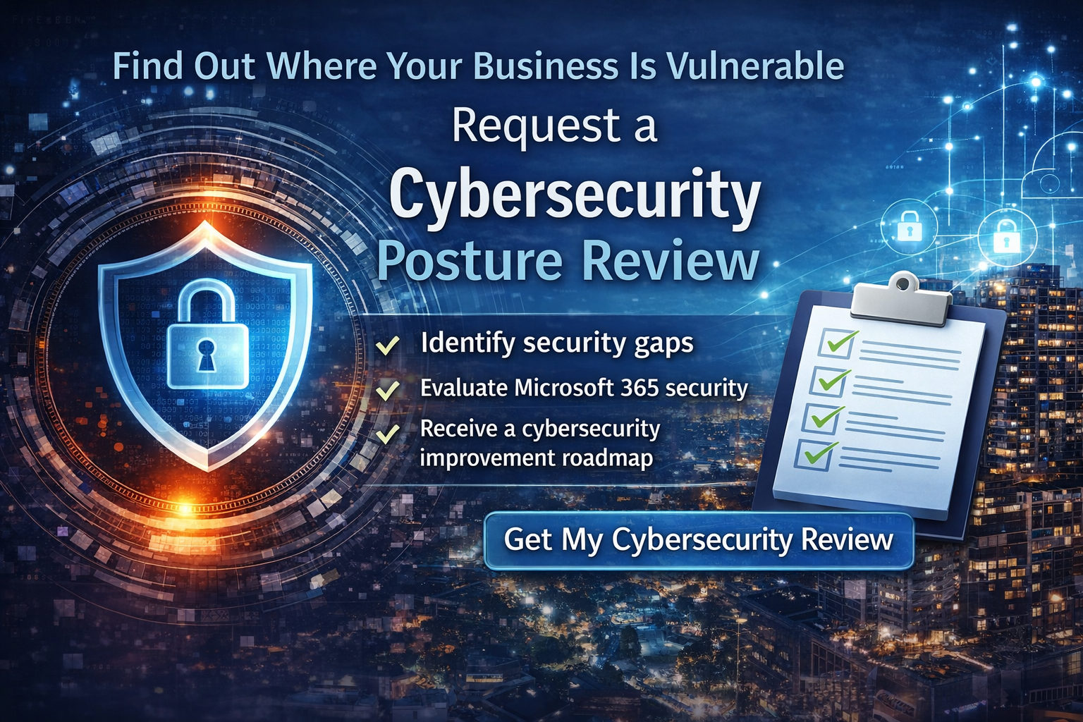 Cybersecurity posture review call-to-action graphic showing digital shield protection, security checklist, and request review button for businesses.