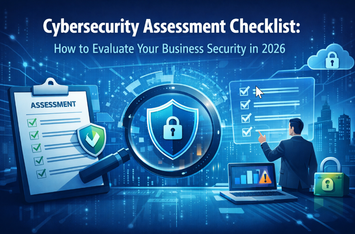 Cybersecurity assessment checklist illustration showing business professional reviewing security controls with digital shield and checklist interface.