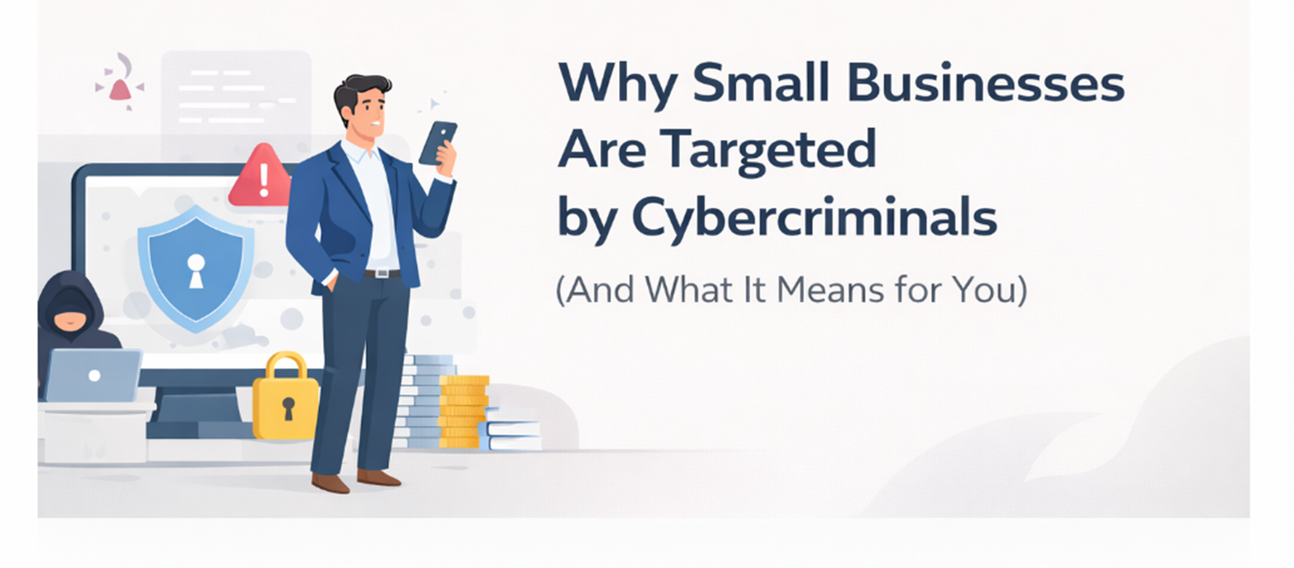Small business owner reviewing cybersecurity alerts with digital shield and hacker illustration representing why small businesses are targeted by cybercriminals.