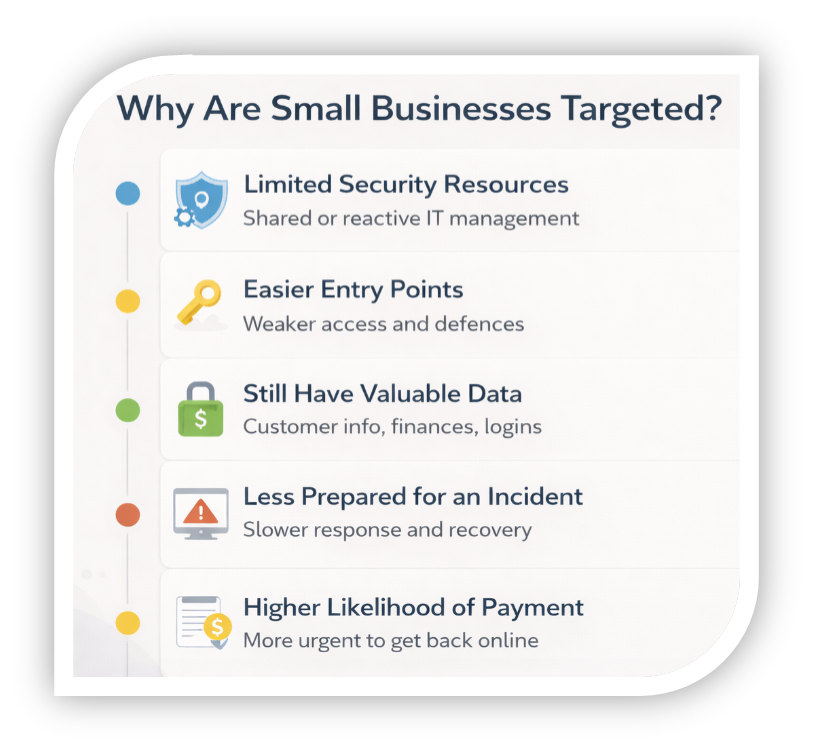 Infographic showing why small businesses are targeted by cybercriminals including limited security resources, weak access controls, and higher likelihood of payment.