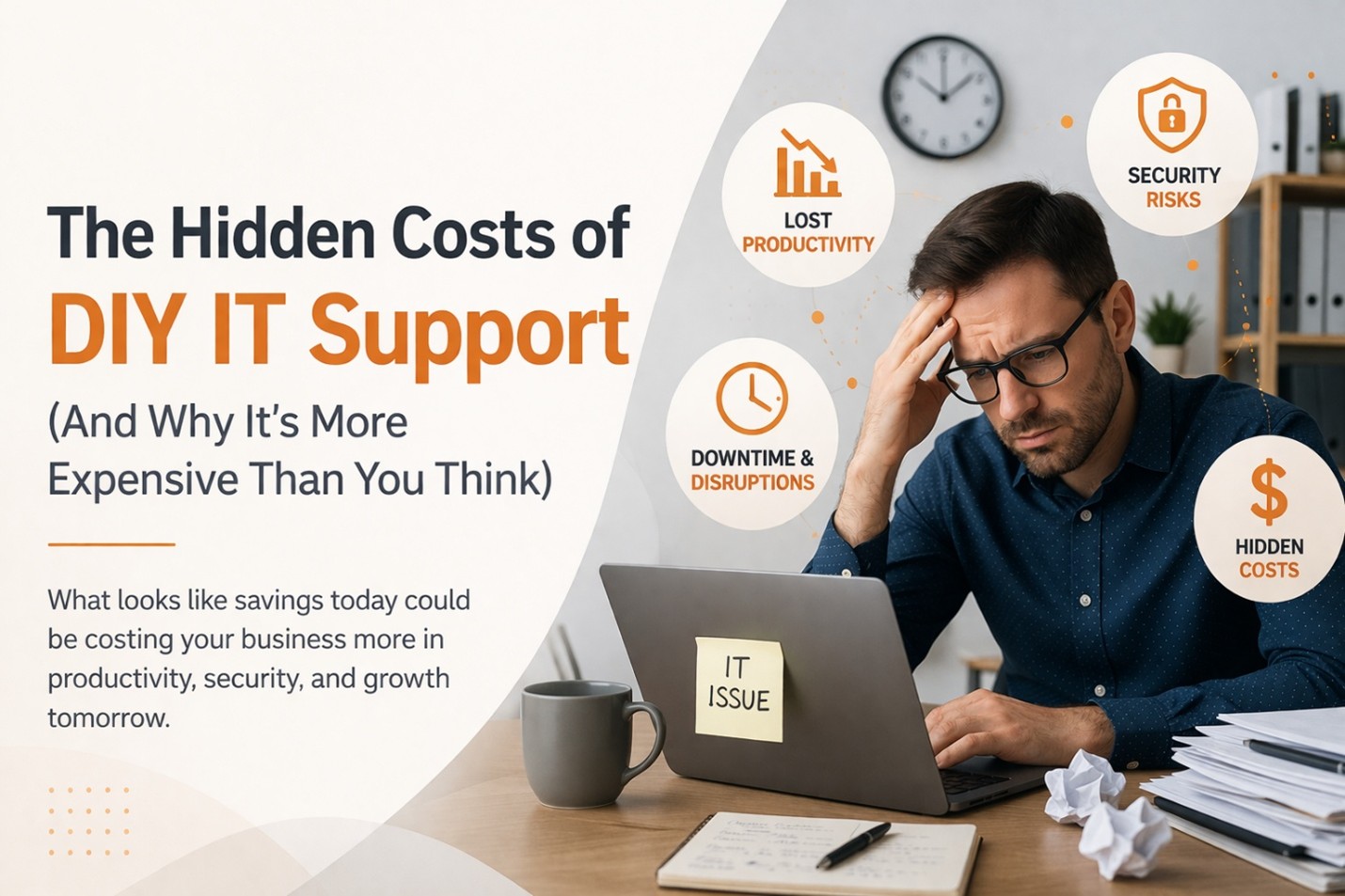 Stressed business owner dealing with IT issues illustrating the hidden costs of DIY IT support including productivity loss, downtime, and security risks.