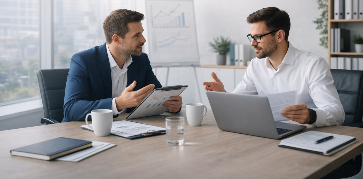 How to choose the right managed IT and security provider for your business. Clean, minimal header. Two professionals in a modern conference room setting — one presenting, one reviewing documents.