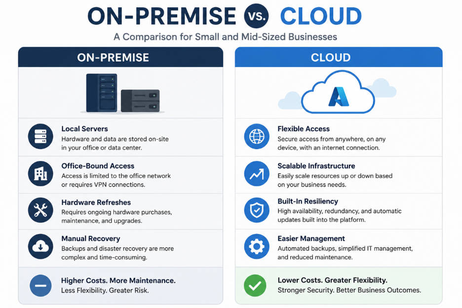 Comparison infographic showing on-premise servers versus cloud infrastructure for small businesses.