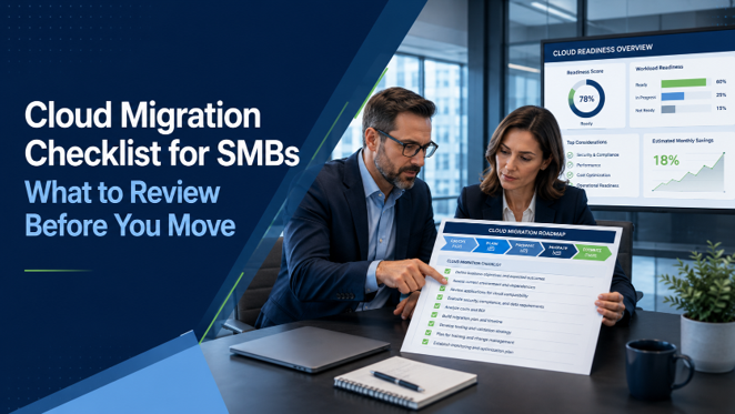Business leaders reviewing a cloud migration checklist and roadmap during a planning session.