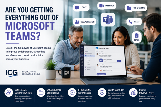 Business professionals using Microsoft Teams in a modern office to improve collaboration, productivity, meetings, file sharing, and communication.