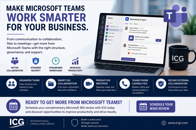 Microsoft Teams review banner encouraging small businesses to evaluate Teams structure, file sharing, meetings, phone capabilities, and productivity opportunities.