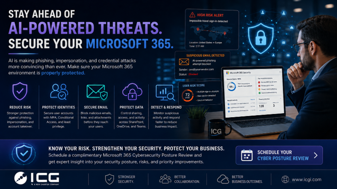 Microsoft 365 security review banner encouraging businesses to assess AI-powered cyberattack risks, phishing exposure, identity security, and cloud security settings.
