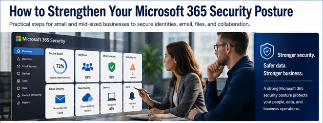 Business leaders reviewing Microsoft 365 security posture dashboard with identity, email, file sharing, and cloud security controls.