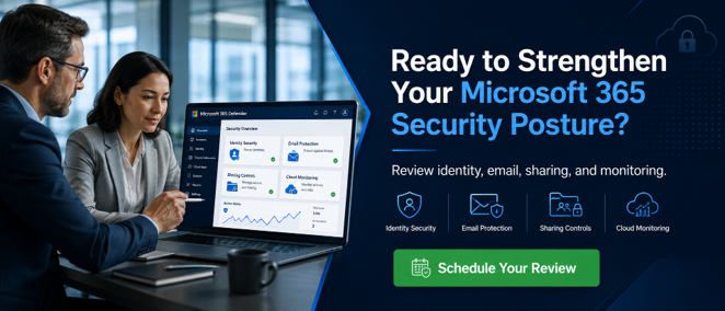 Microsoft 365 security posture review banner encouraging businesses to evaluate security settings, identity protection, sharing controls, and monitoring.