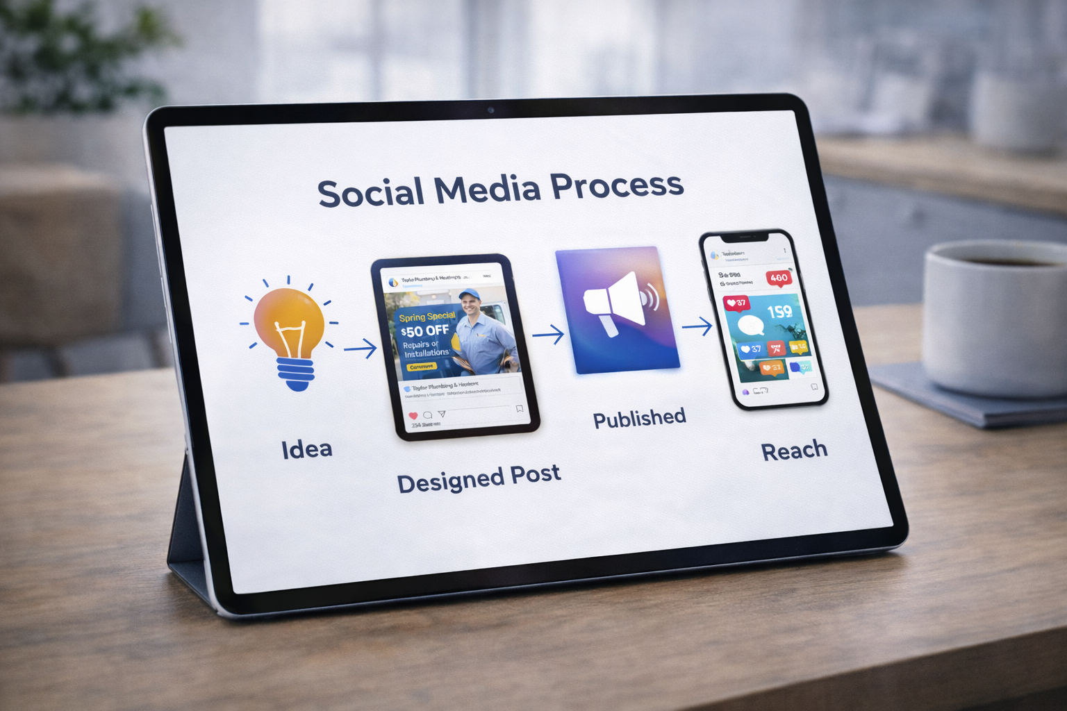 image of desk with computer screen showing web design