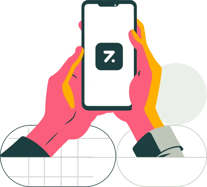 Illustration of two hands holding a smartphone displaying the Number 7 logo on the screen.