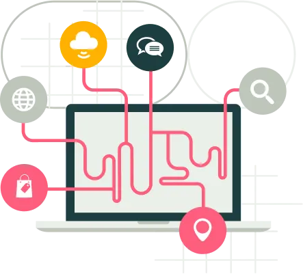 Laptop with five pink lines connecting to icons representing cloud storage, chat bubbles, search, location pin, and a price tag.