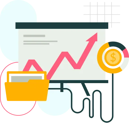 Illustration of a financial growth chart with a rising pink arrow, a yellow folder, and a gold coin with a dollar sign.