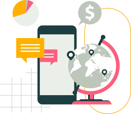 Illustration of a globe with location markers, a smartphone with chat bubbles, a dollar sign, pie chart, and a bar graph, symbolizing global communication and data analytics.