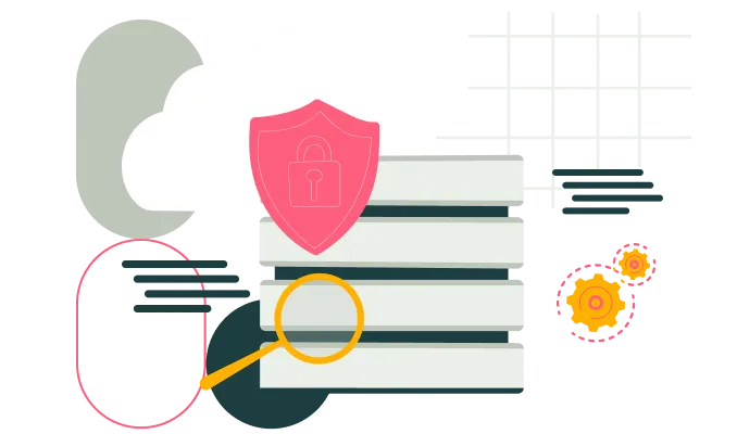 Illustration of cloud computing with a pink shield lock symbolizing data security, a magnifying glass highlighting lines of code, and gears representing system settings or operations.