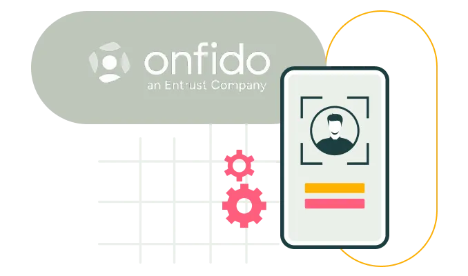 Illustration of the Onfido logo next to an ID card with a person's avatar and two colored lines below, symbolizing identity verification technology.