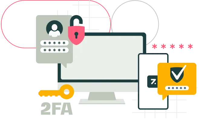 Illustration of computer and smartphone with password fields, a padlock, and a key symbolizing secure login and authentication.