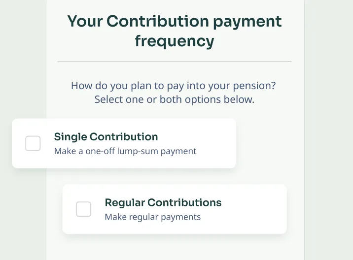 Form showing options to select contribution payment frequency with checkboxes for Single Contribution, a one-off lump-sum payment, and Regular Contributions, regular payments.