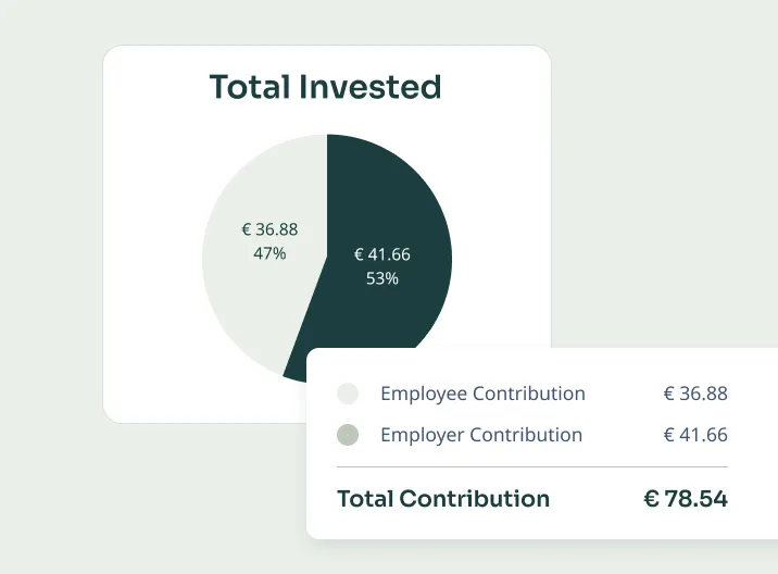 Pie chart titled Total Invested showing 53% employer contribution of €41.66 and 47% employee contribution of €36.88, totaling €78.54.