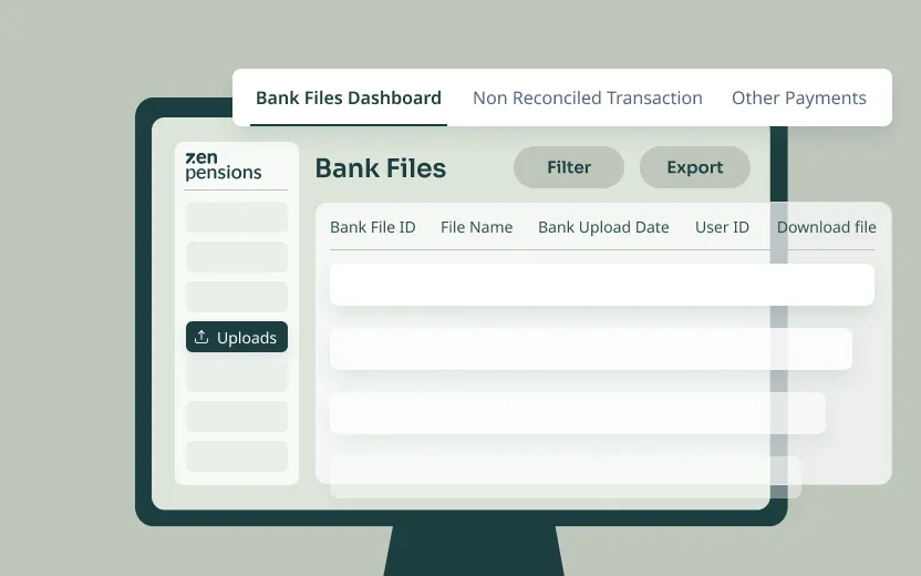 Computer screen displaying a Bank Files Dashboard interface with tabs for Non Reconciled Transaction and Other Payments, featuring a table for bank file details and buttons for Filter and Export.