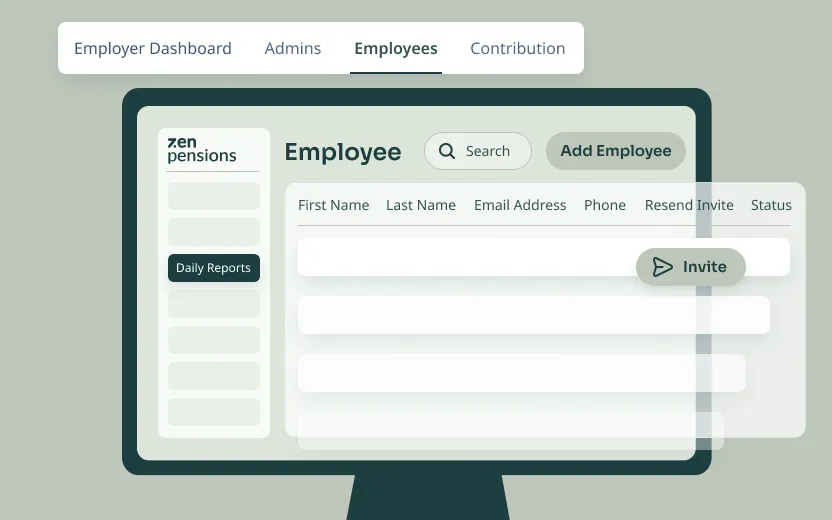 Computer screen showing an employee dashboard with tabs for Employer Dashboard, Admins, Employees, and Contribution; the Employees tab is active displaying a search bar, Add Employee button, and an employee list table with columns for First Name, Last Name, Email Address, Phone, Resend Invite, and Status.