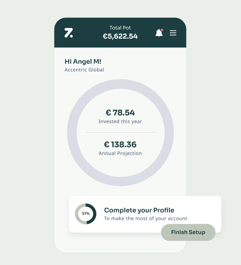 Mobile app screen showing a total pot of €5,622.54, €78.54 invested this year, €138.36 annual projection, and a 51% complete profile prompt with a Finish Setup button.