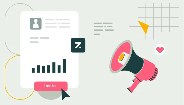 Illustration of an invitation card with a bar chart and an 'Invite' button next to a pink megaphone and a heart icon.