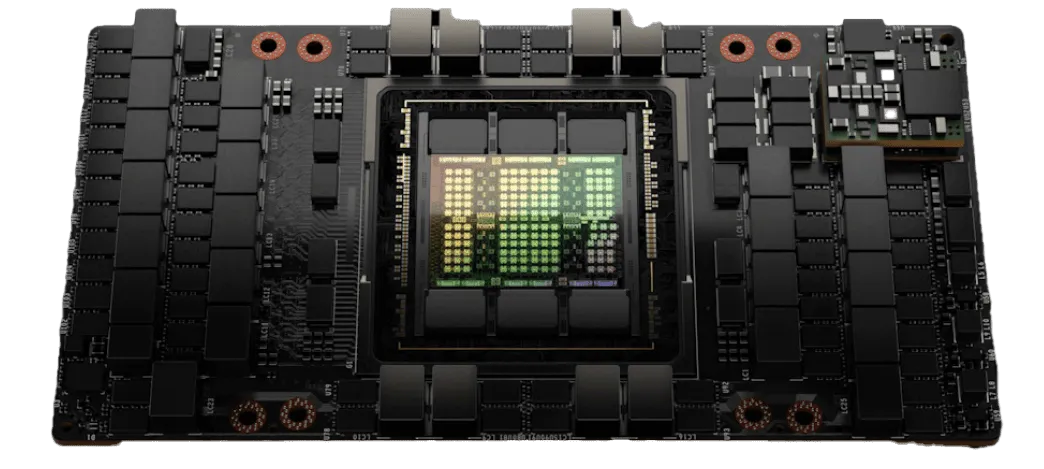 High-performance GPU (Graphics Processing Unit) designed for AI and gaming applications, showcasing advanced cooling technology and intricate circuitry.