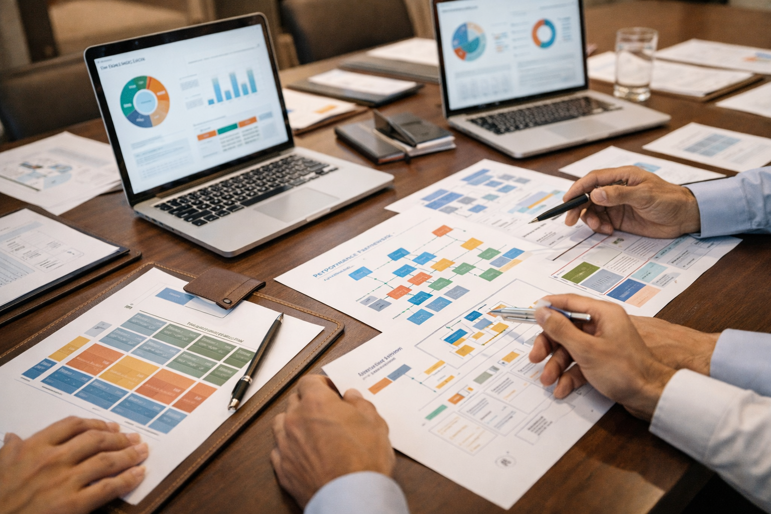 Two people reviewing charts and graphs on printed documents and laptops at a wooden table.