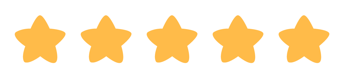 Five gold stars in a horizontal row on a transparent background.