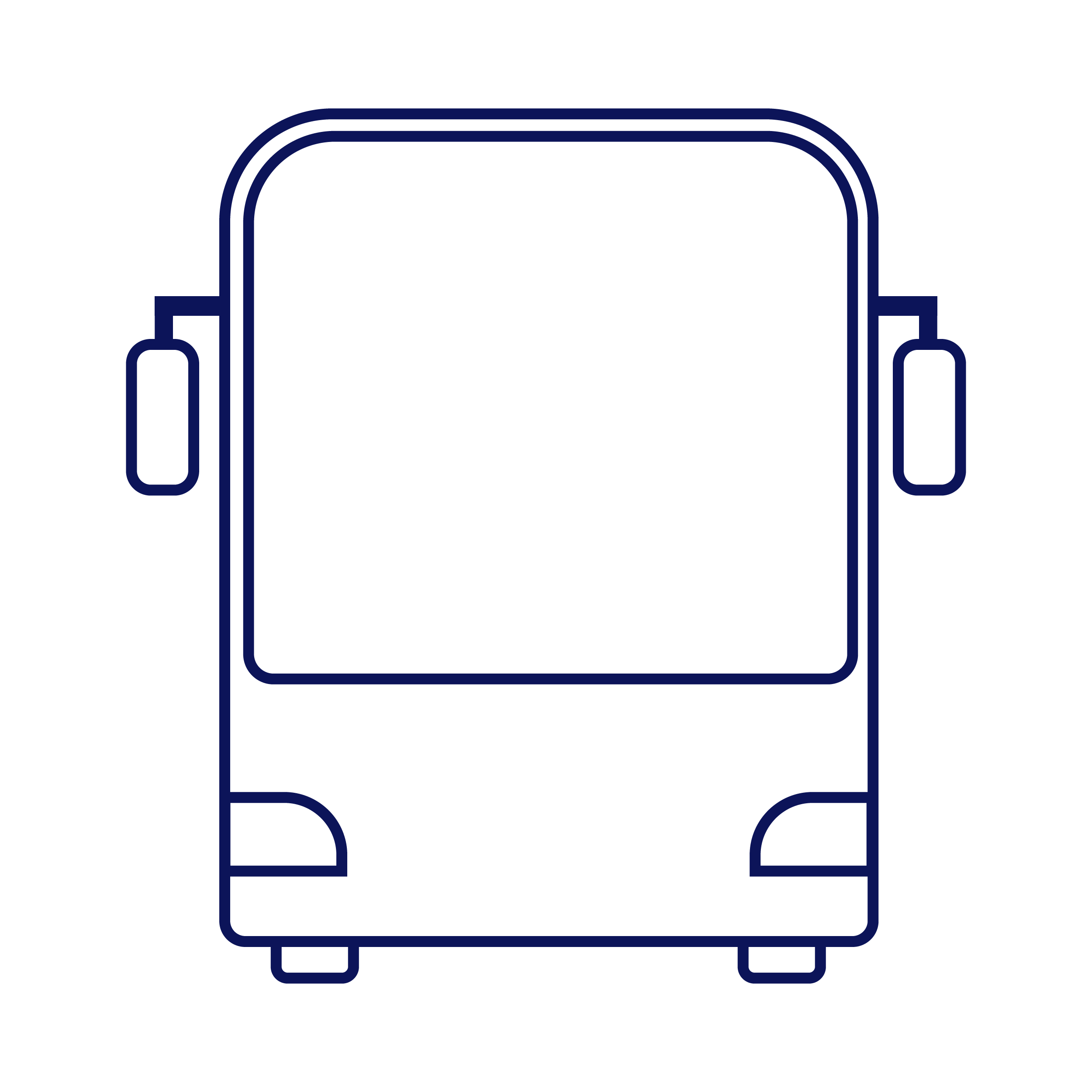 Simple navy blue line drawing of a front view of a bus with large windshield and side mirrors.