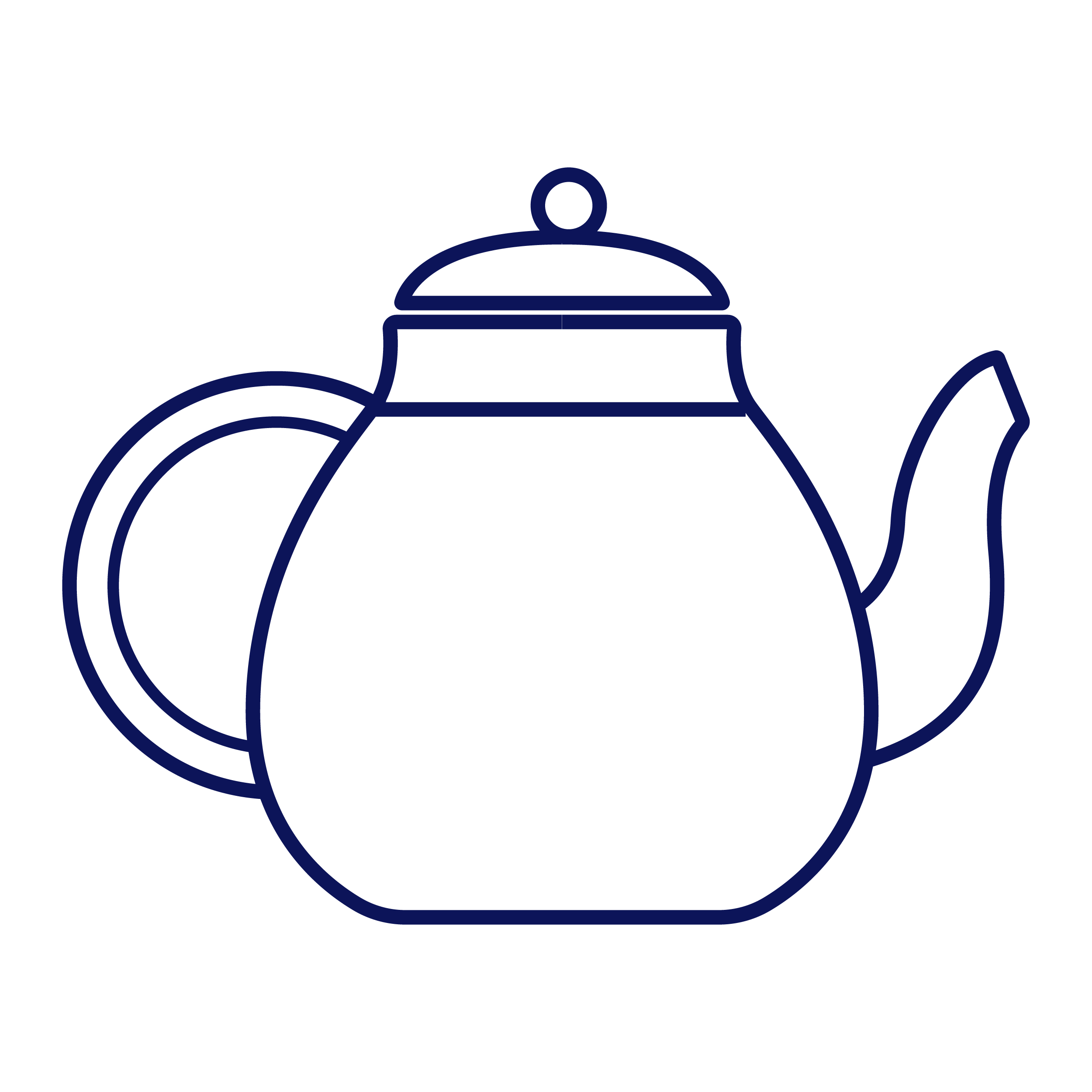 Simple navy blue outline of a teapot with handle, lid, and spout.
