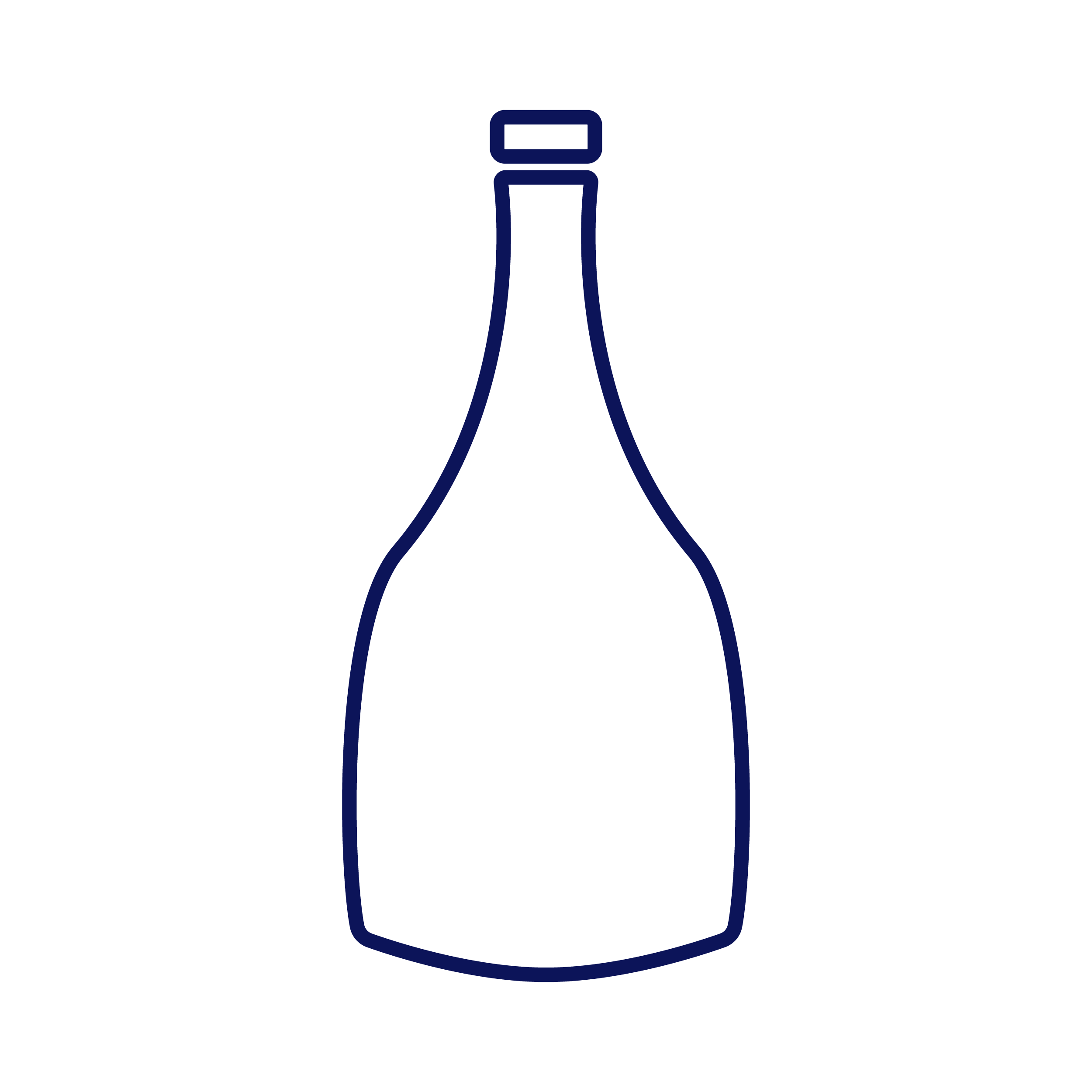 Simple dark blue outline of a champagne bottle on a transparent background.