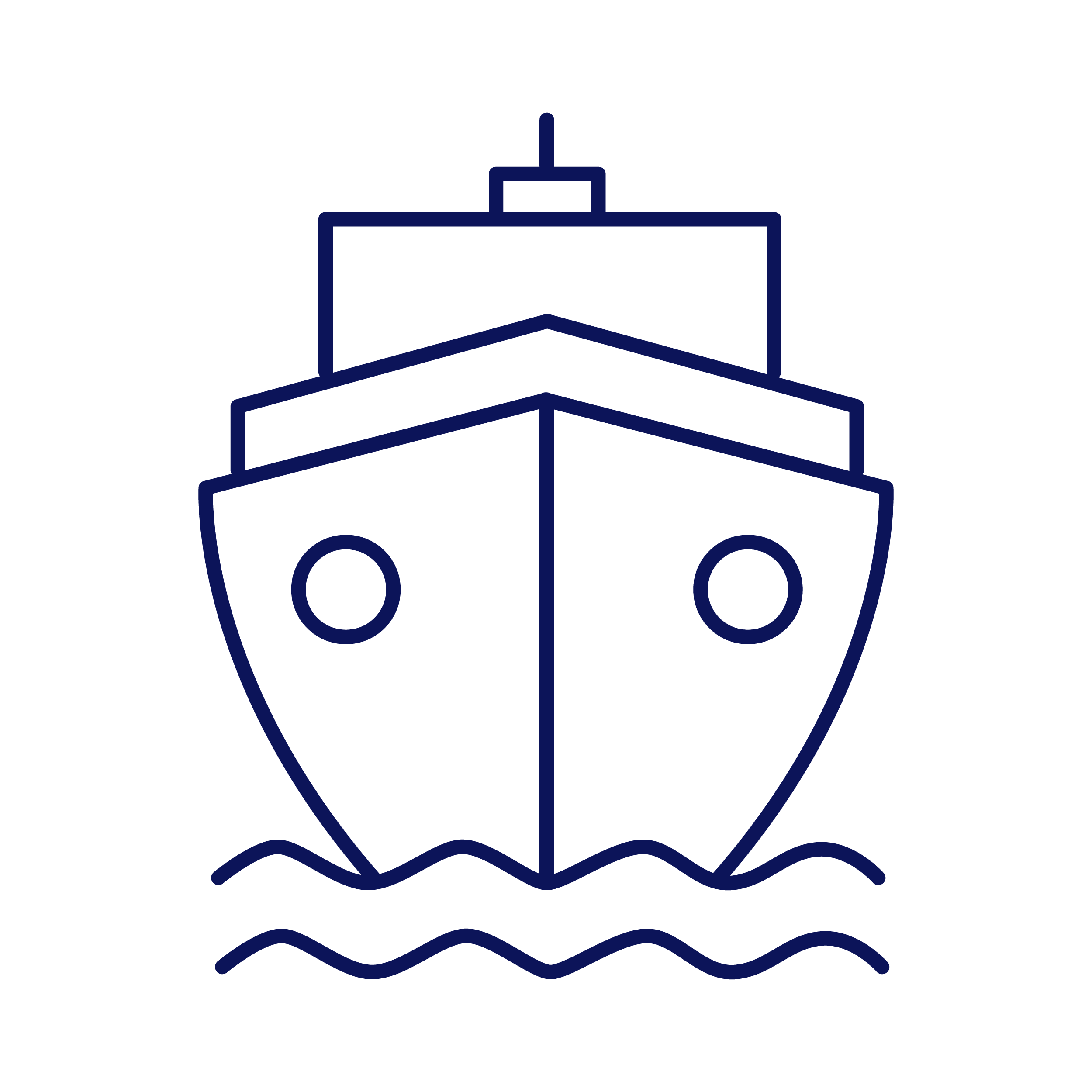 Line drawing of a ship's front view on water with waves.