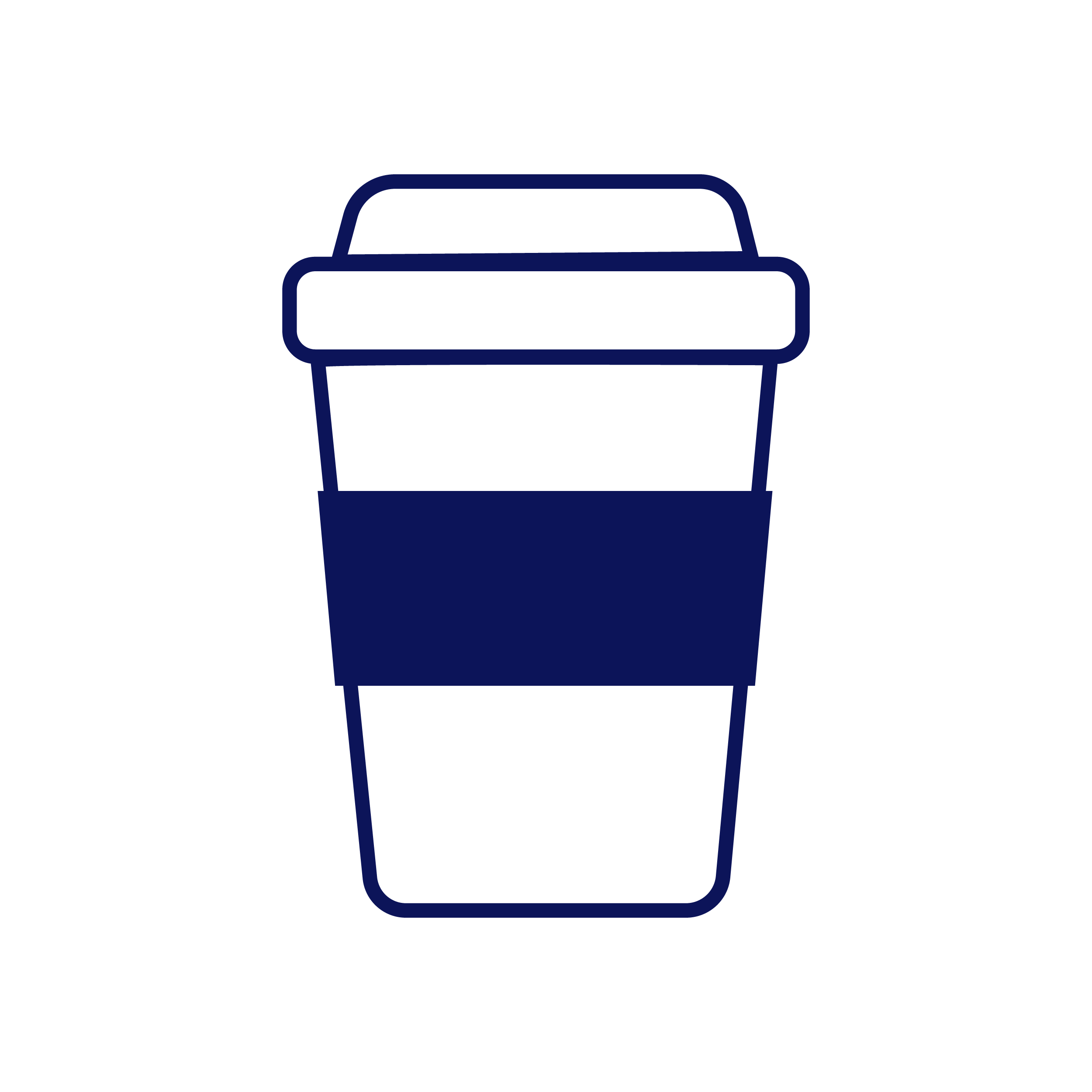 Simple dark blue outline of a takeaway coffee cup with a lid and a sleeve.