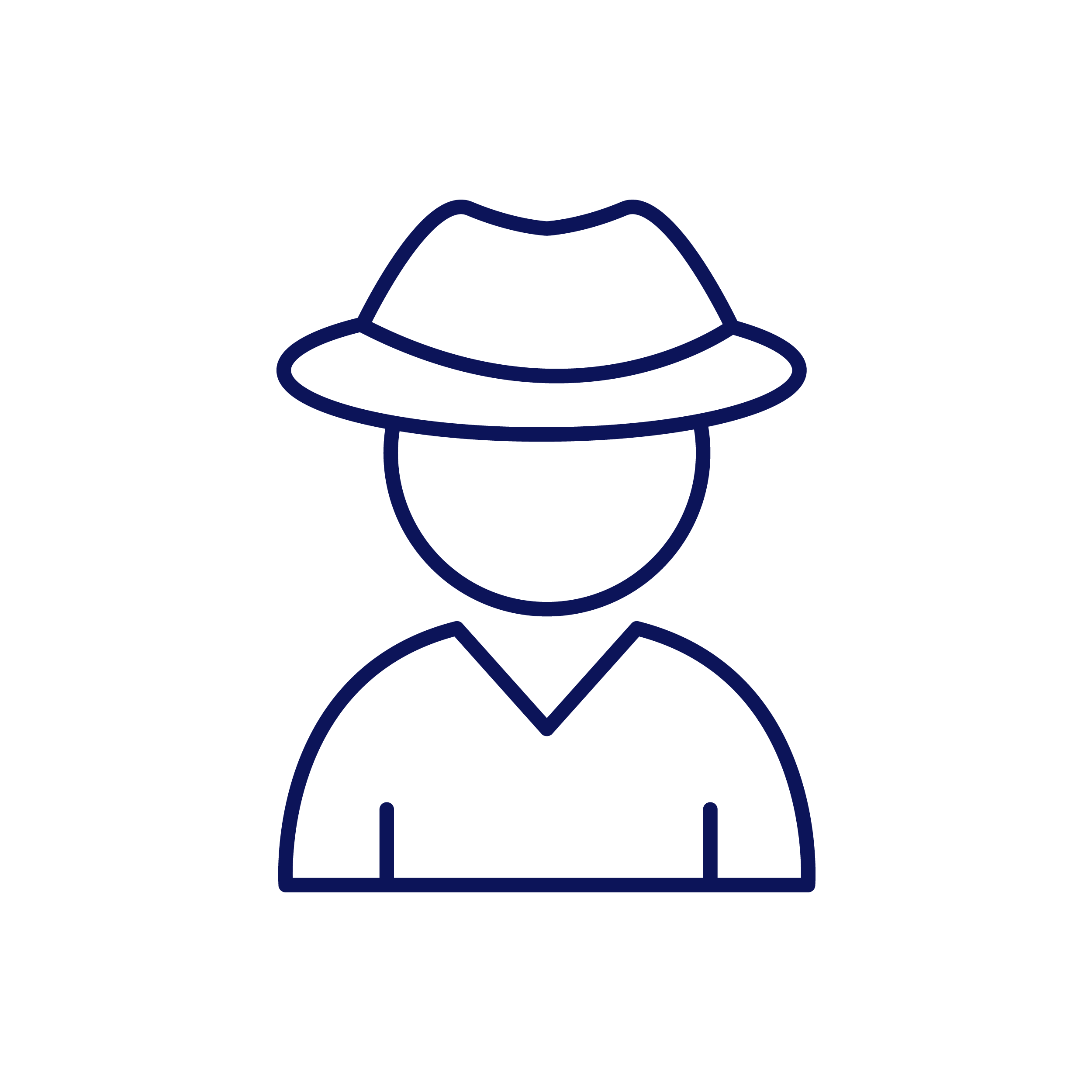 Line drawing of a person wearing a wide-brimmed fedora hat and a V-neck shirt.