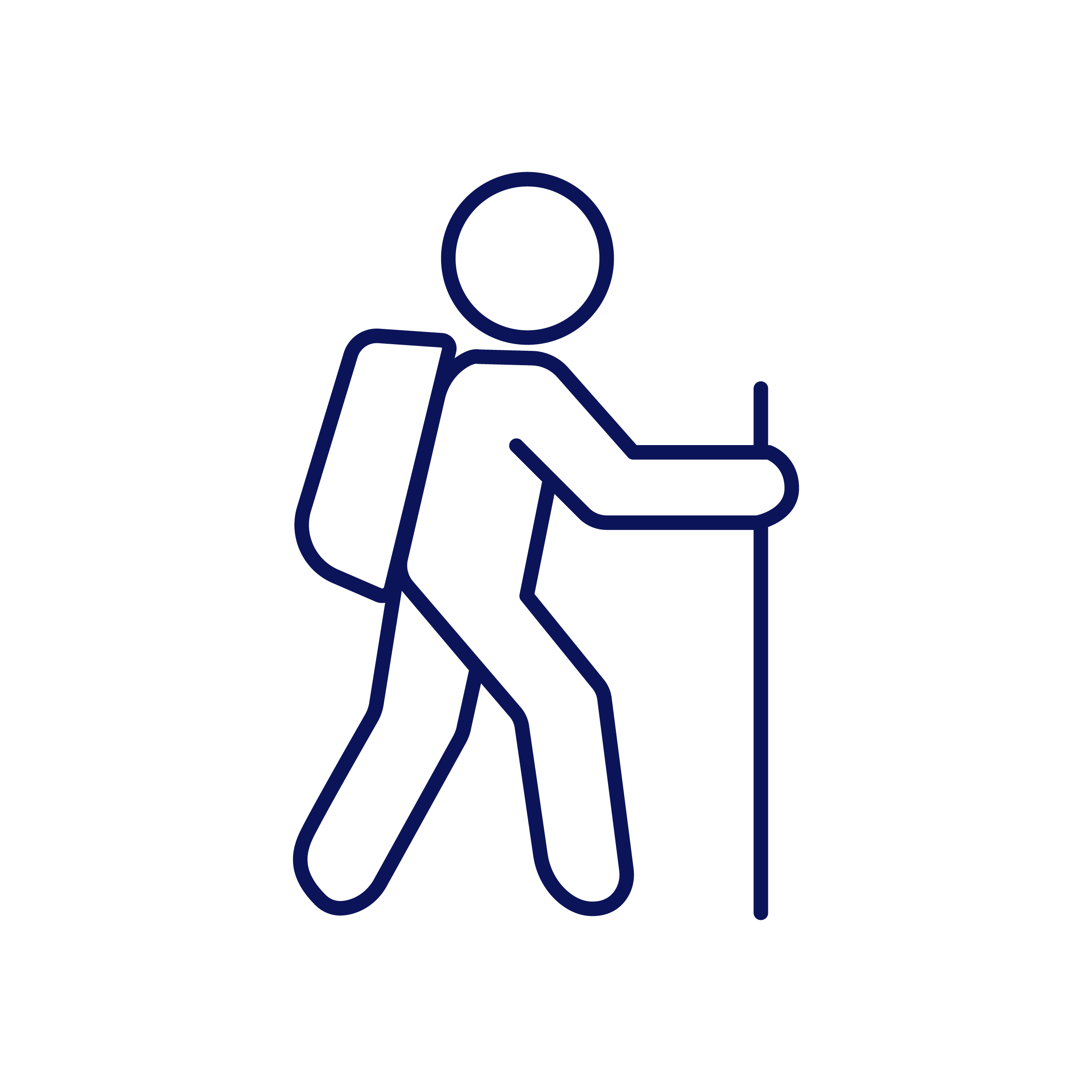 Icon of a person hiking with a backpack and walking stick.